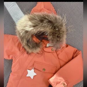 Mini A Ture Orange Kids Jacket with Fur Hood